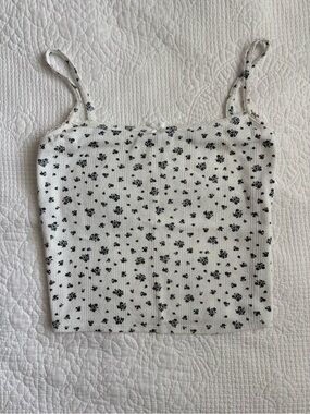 Garage White Ribbed Floral Spaghetti Strap Tank
